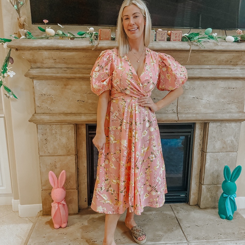Pink and yellow puff sleeve midi dress